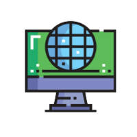Icône d’un écran d’ordinateur avec un globe terrestre stylisé devant, représentant l’accès à Internet ou aux technologies numériques.